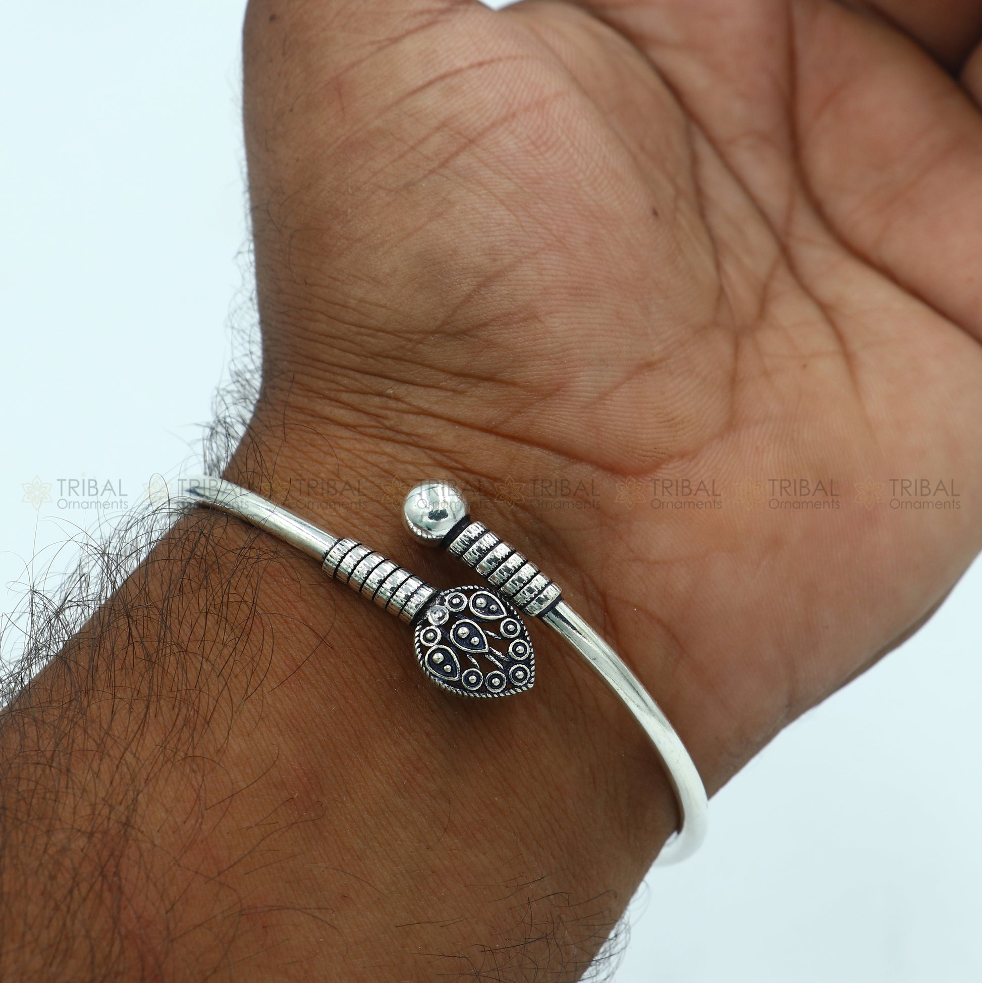 925 sterling silver handmade peacock feather design stylish kada bangle bracelet tribal jewelry nsk864 - TRIBAL ORNAMENTS