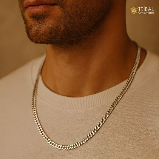 Sterling silver 20/24-inch curb Cuban chain necklace by Tribal Ornaments, handcrafted stylish men's jewelry with 4mm links.