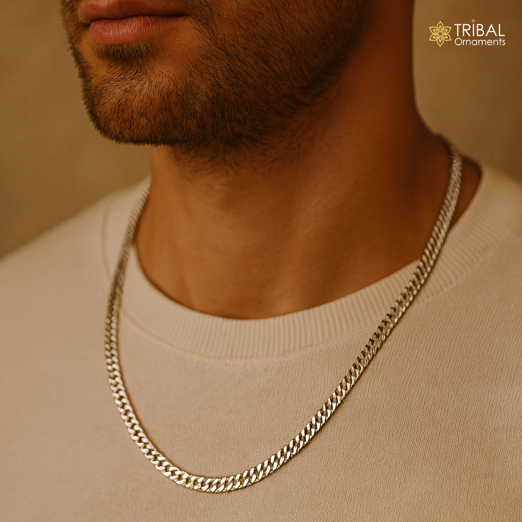 Sterling silver handmade 20/24-inch curb chain necklace with a fancy style, crafted by TRIBAL ORNAMENTS, ideal for gifting.