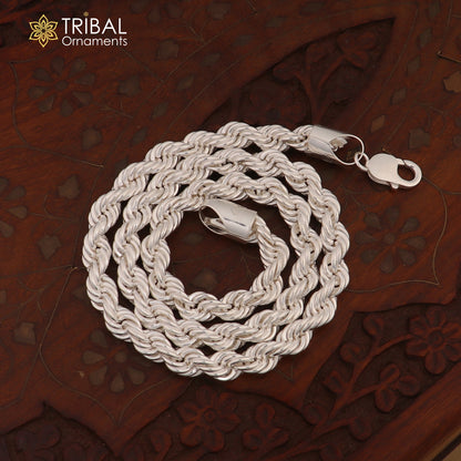 Sterling silver handmade 20/24-inch heavy 8mm rope chain necklace with a bright, trendy men's chain design by Tribal Ornaments.