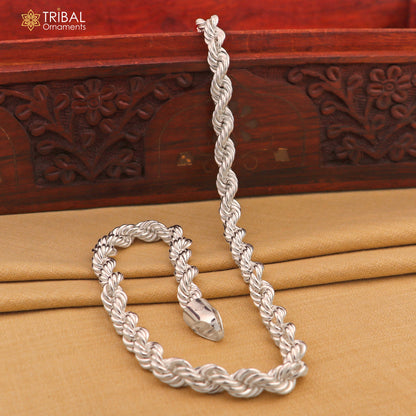 Sterling silver 20"/24" heavy 8mm handmade rope chain necklace, bright silver men's chain in trendy, plain style.