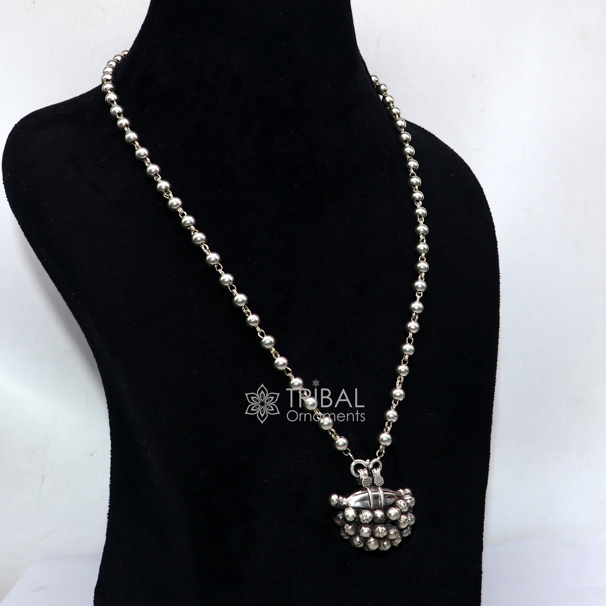 Sterling silver vintage tribal amulet box pendant necklace with intricate ethnic design, part of TRIBAL ORNAMENTS jewelry set.