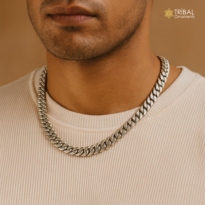 Men's 8mm solid sterling silver chain necklace with stylish tribal design, oxidized finish, handmade heavy jewelry by Tribal Ornaments.