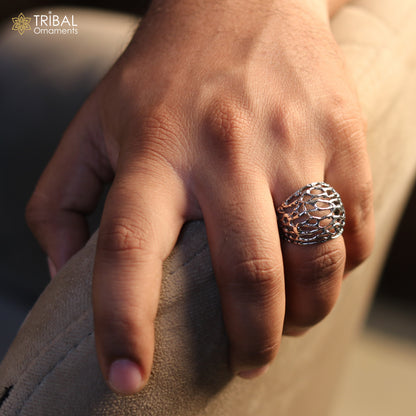 925 sterling silver heavy lattice-style men's ring by Tribal Ornaments, featuring intricate tribal jewelry design.