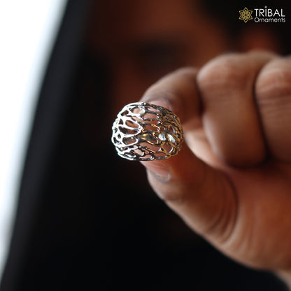 925 sterling silver heavy lattice style men's ring by Tribal Ornaments featuring intricate tribal jewelry design