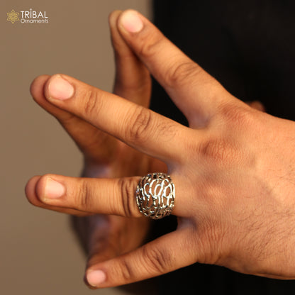 Sterling silver heavy lattice style men's ring by Tribal Ornaments, featuring intricate tribal jewelry design and craftsmanship.