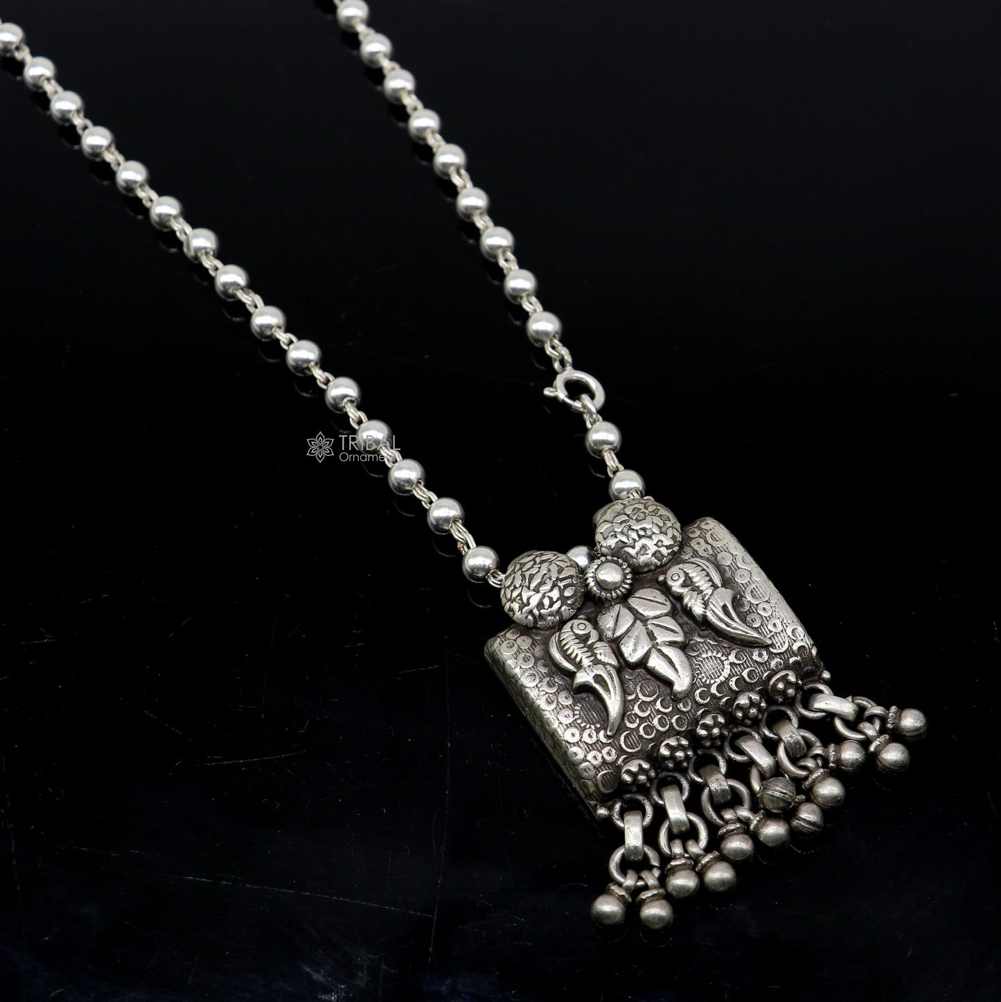 925 sterling silver tribal bird pendant with beaded necklace, handmade jewelry by TRIBAL ORNAMENTS, stylish and versatile accessory.