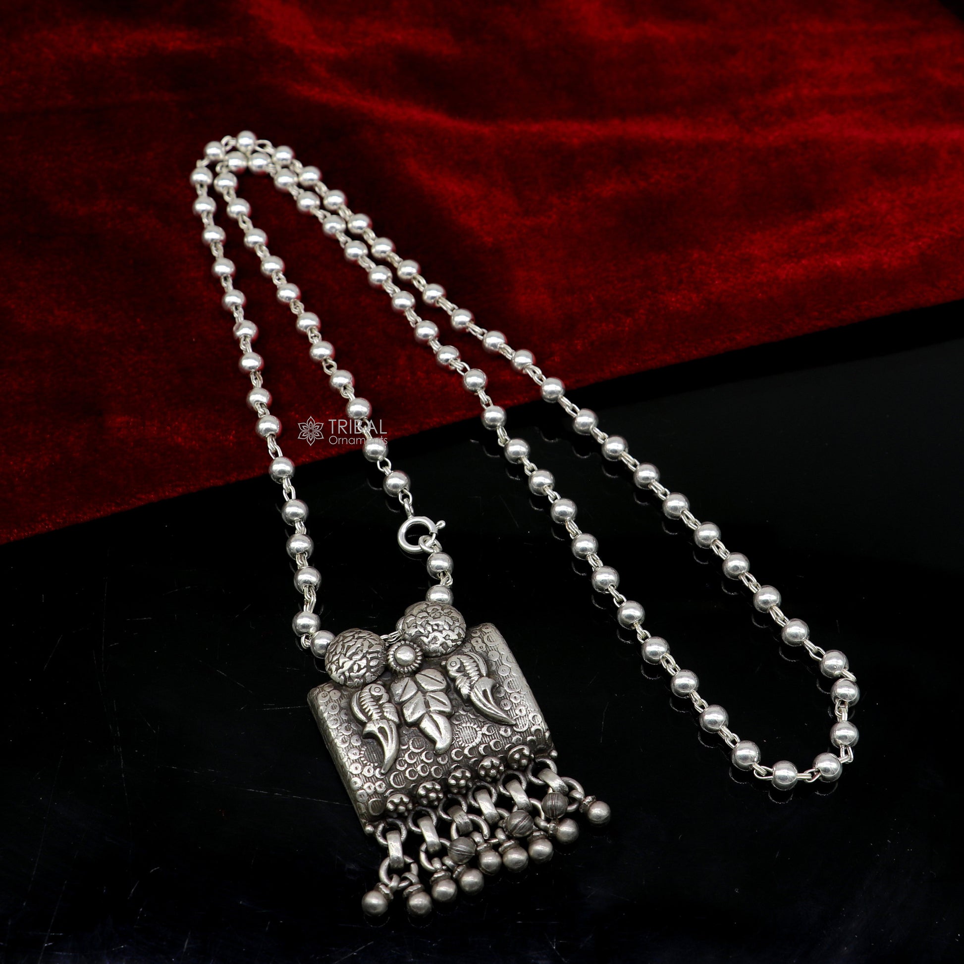 925 sterling silver bird design pendant with silver beaded necklace, handmade tribal jewelry for versatile outfits by TRIBAL ORNAMENTS