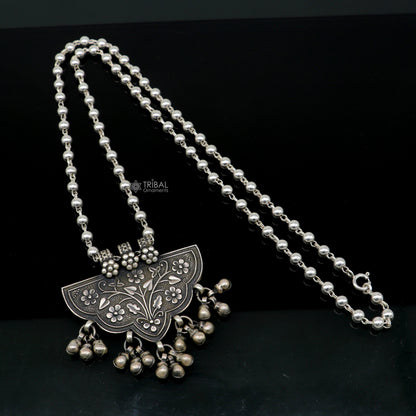 India traditional cultural style handmade 925 sterling silver chitai work pendant with silver beaded necklace best for all outfit set693 - TRIBAL ORNAMENTS
