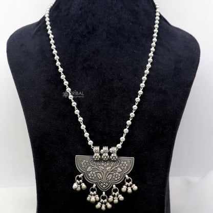 India traditional cultural style handmade 925 sterling silver chitai work pendant with silver beaded necklace best for all outfit set693 - TRIBAL ORNAMENTS