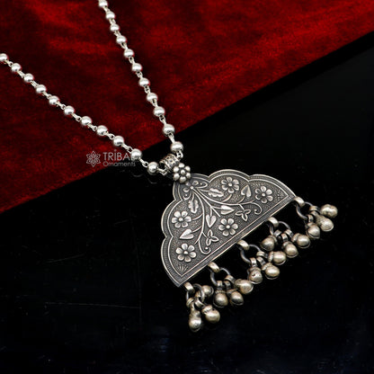India traditional 925 sterling silver chitai work pendant with silver beaded necklace set by TRIBAL ORNAMENTS, handmade cultural jewelry.