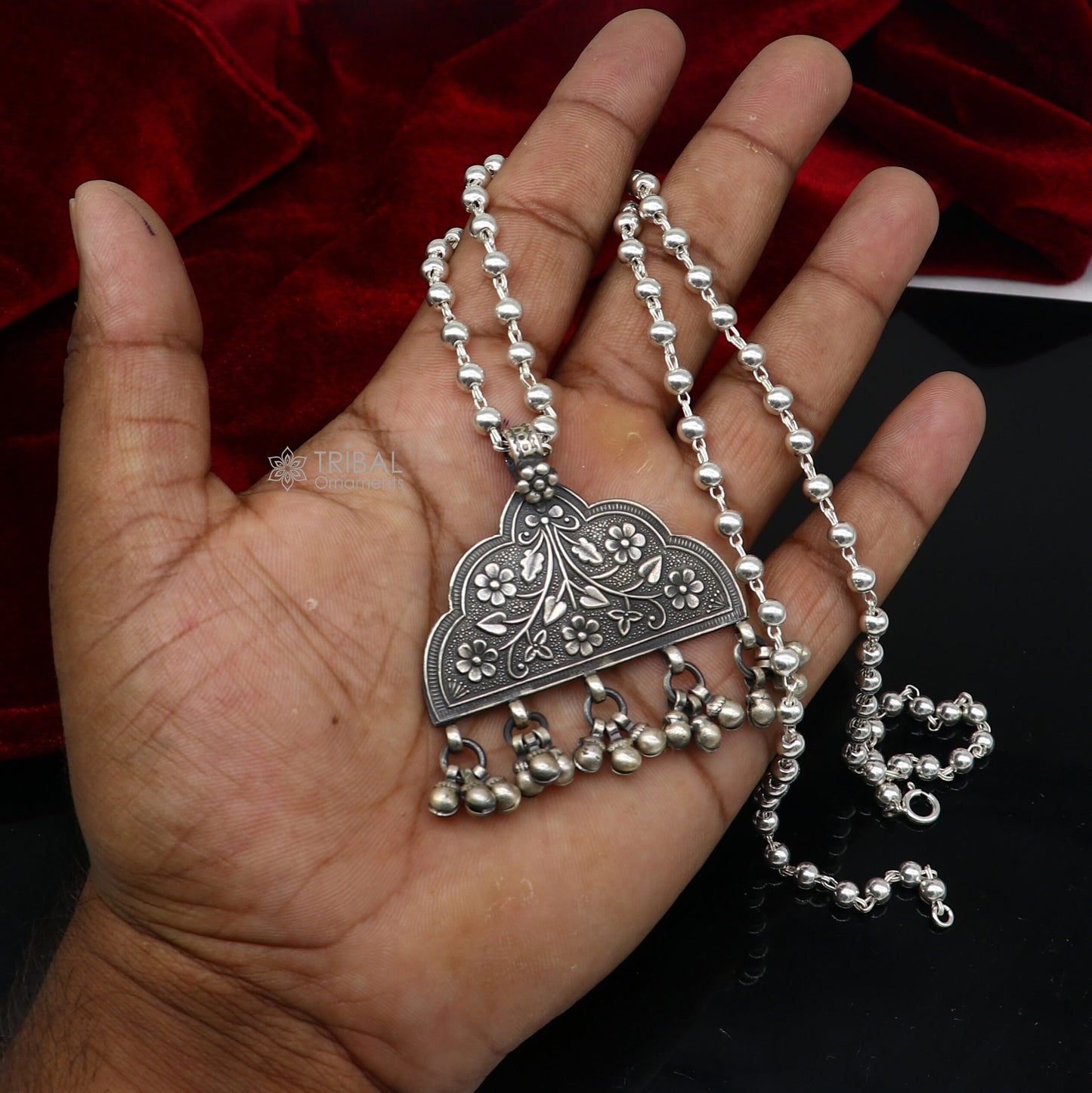 India traditional cultural style handmade 925 sterling silver chitai work pendant with silver beaded necklace best for all outfit set695 - TRIBAL ORNAMENTS
