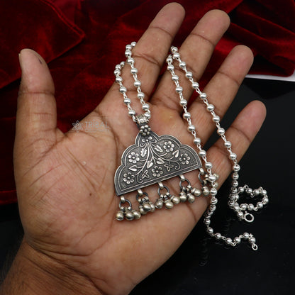 Traditional Indian sterling silver chitai work pendant with silver beaded necklace, handcrafted by TRIBAL ORNAMENTS.