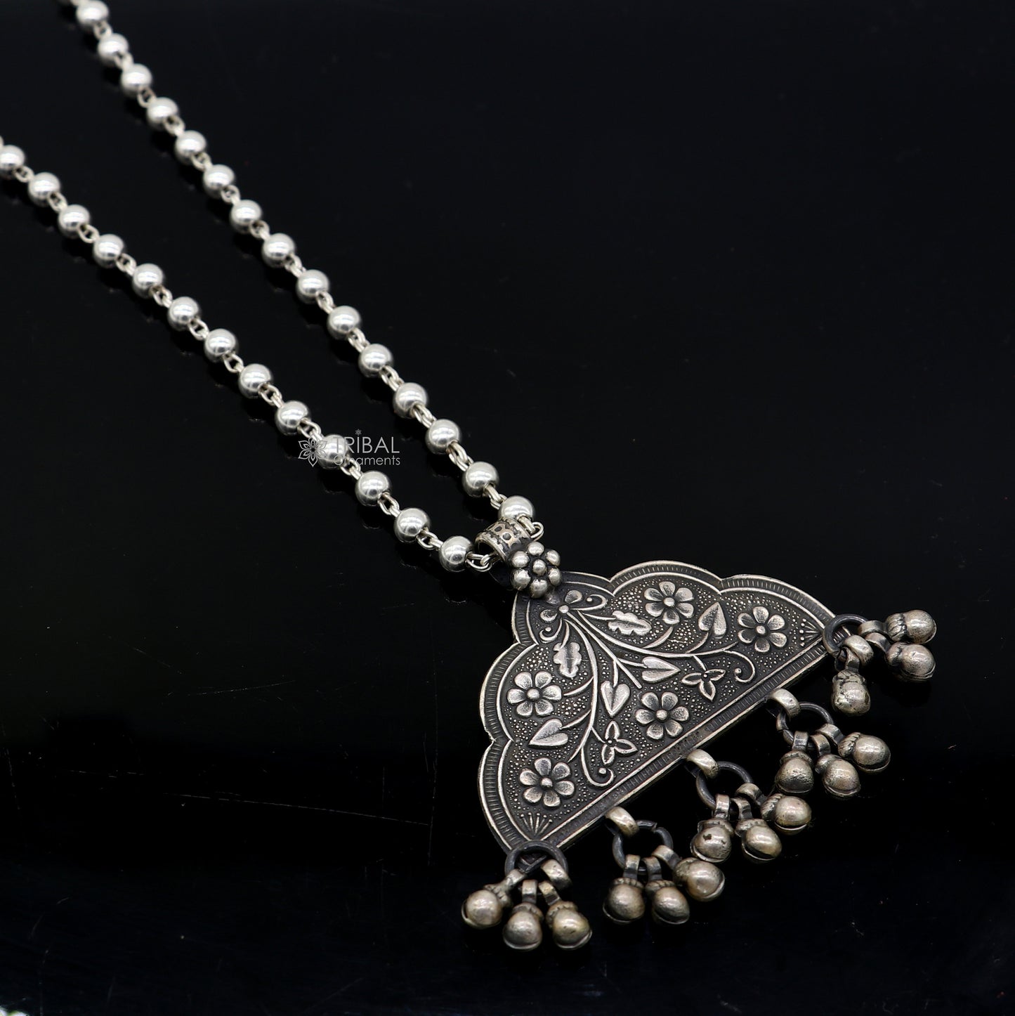 India traditional cultural style handmade 925 sterling silver chitai work pendant with silver beaded necklace best for all outfit set695 - TRIBAL ORNAMENTS