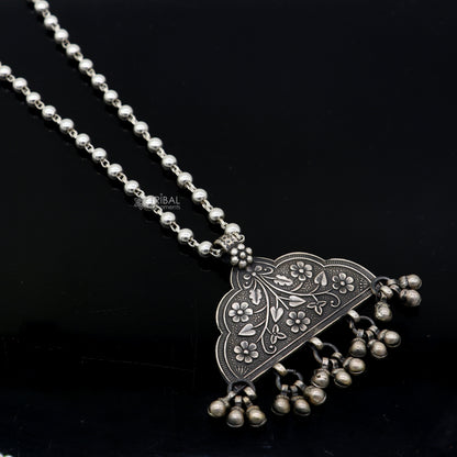 India traditional 925 sterling silver chitai work pendant with silver beaded necklace set, handcrafted tribal jewelry by TRIBAL ORNAMENTS.