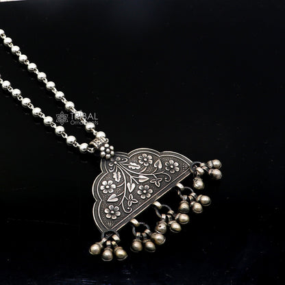 India traditional 925 sterling silver chitai work pendant with silver beaded necklace set, handmade tribal jewelry by TRIBAL ORNAMENTS