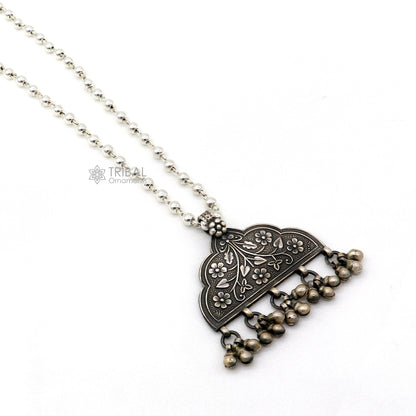 India traditional 925 sterling silver chitai work pendant with silver beaded necklace, handmade tribal ornament jewelry set.