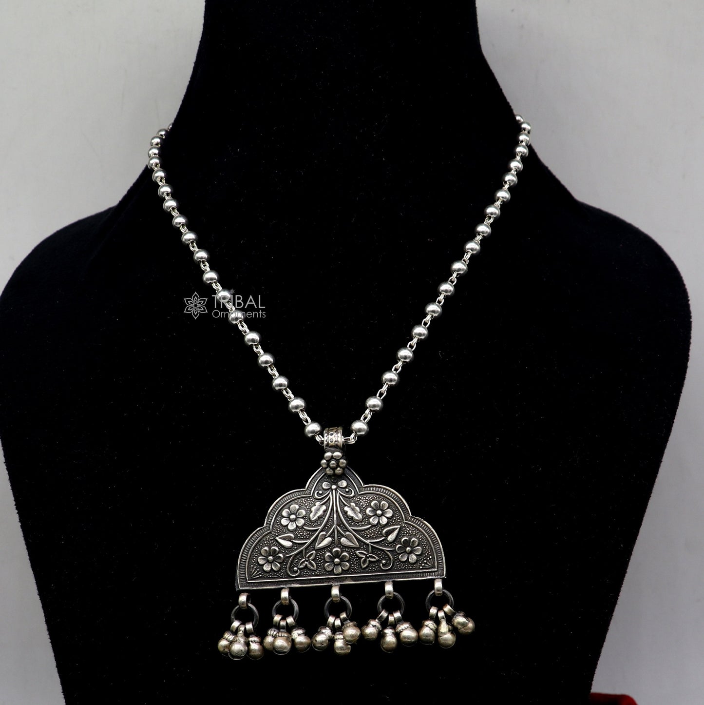 India traditional cultural style handmade 925 sterling silver chitai work pendant with silver beaded necklace best for all outfit set695 - TRIBAL ORNAMENTS