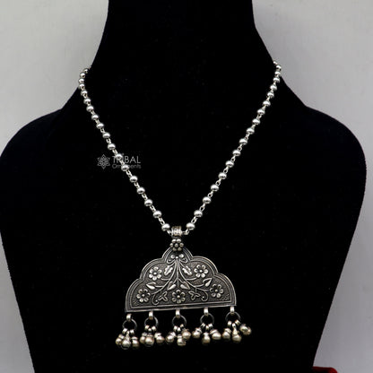 India traditional cultural style 925 sterling silver chitai work pendant with silver beaded necklace, handmade tribal jewelry set