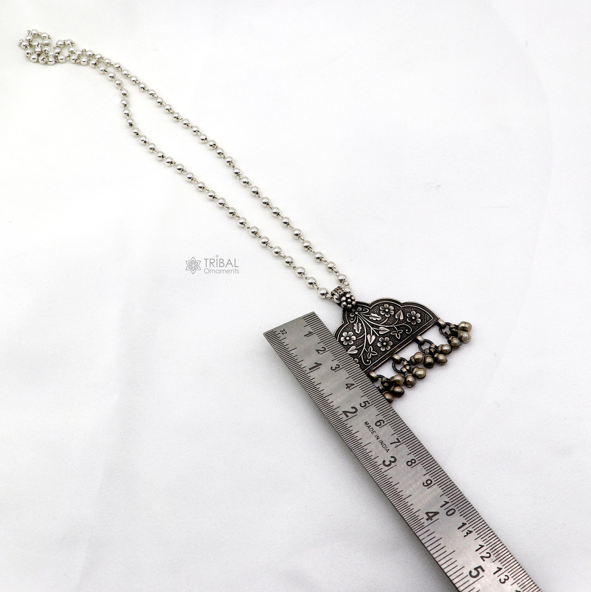 India traditional cultural style handmade 925 sterling silver chitai work pendant with silver beaded necklace best for all outfit set695 - TRIBAL ORNAMENTS