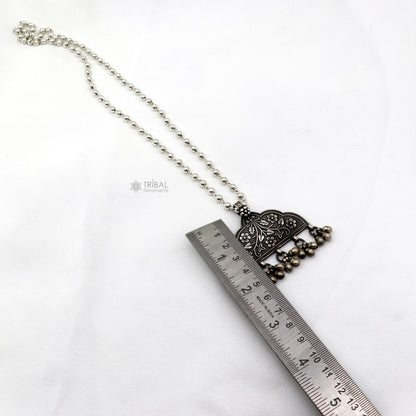 India traditional 925 sterling silver chitai work pendant with silver beaded necklace set, handmade tribal ornament jewelry.