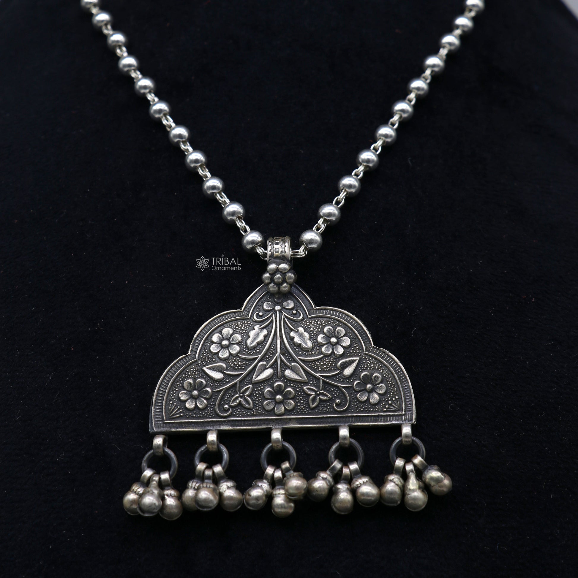 India traditional cultural style handmade 925 sterling silver chitai work pendant with silver beaded necklace best for all outfit set695 - TRIBAL ORNAMENTS