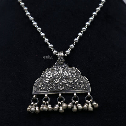 India traditional 925 sterling silver chitai work pendant with silver beaded necklace set, handmade tribal jewelry by TRIBAL ORNAMENTS.