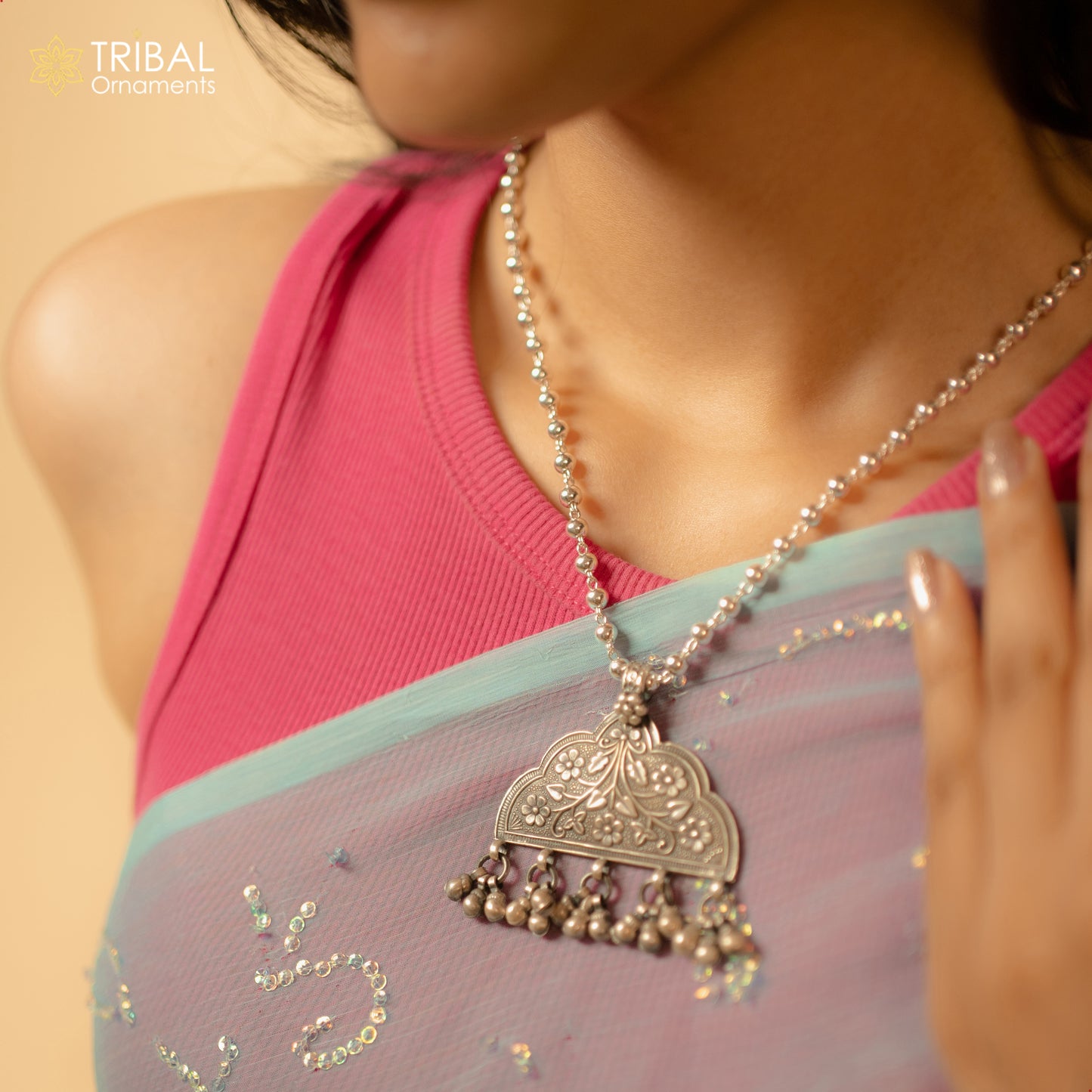 India traditional cultural style handmade 925 sterling silver chitai work pendant with silver beaded necklace best for all outfit set695 - TRIBAL ORNAMENTS