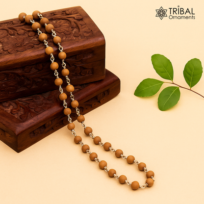 Handmade sandal chandan wood Jaap mala with beads and 925 silver chain necklace, used for prayer, from Tribal Ornaments.