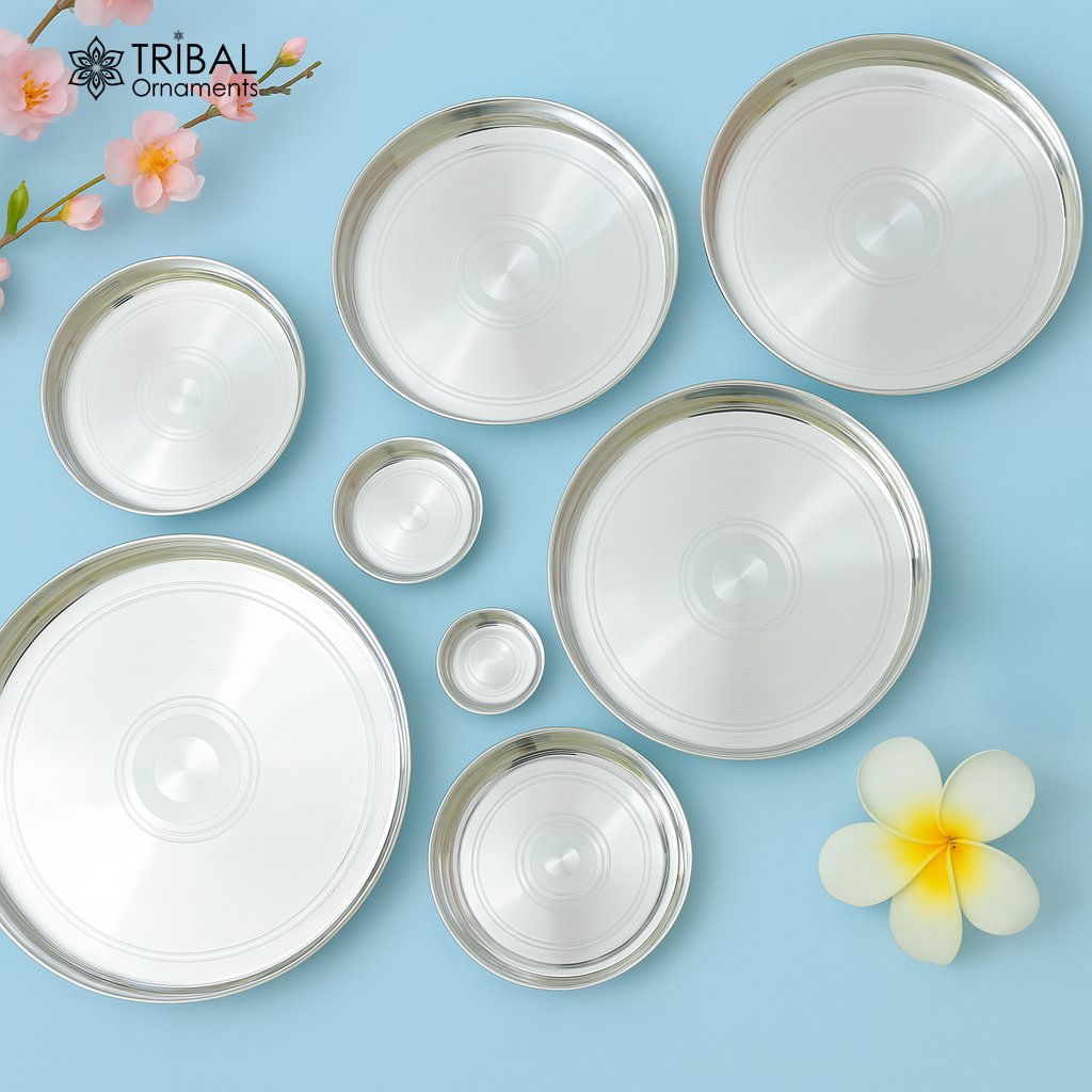 999 fine silver handmade solid Plate Thali tray, best gifting baby set for baby food, silver utensils, silver puja utensils sv264 - TRIBAL ORNAMENTS