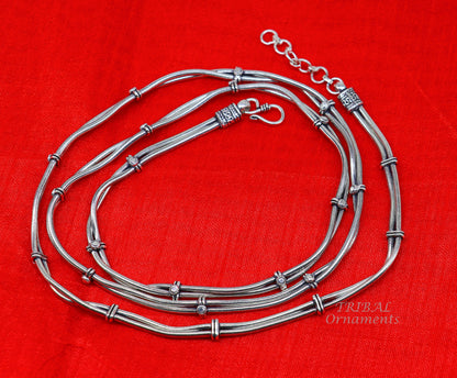 925 Sterling silver adjustable double line snake belly chain, vintage waist and sari chain with intricate handmade design.