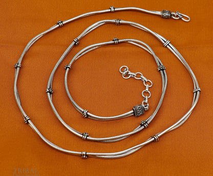 Sterling silver adjustable double-line snake chain belly and waist chain with vintage design, handmade by Tribal Ornaments.