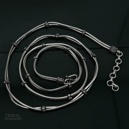 Sterling silver adjustable double-line snake chain belly and waist chain with vintage design, handmade tribal jewelry.