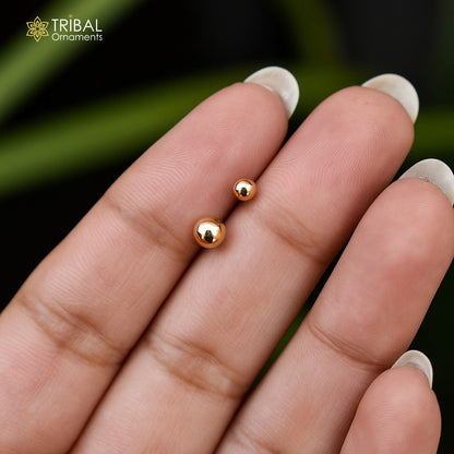 18k gold ball nose pin nose piercing, thin and tiny nose stud with 3mm and 4mm ball design by TRIBAL ORNAMENTS.