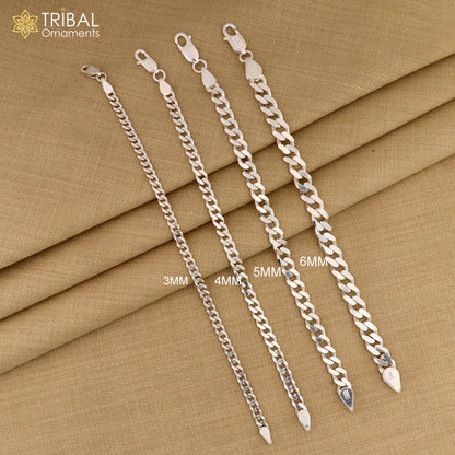 Sterling silver plain chain bracelet for boys and girls, shiny and stylish, featuring a solid 3mm to 6mm link design by Tribal Ornaments.