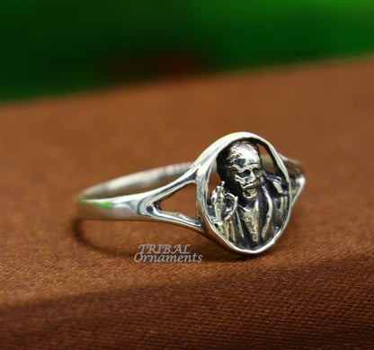 Sterling silver Sai Baba ring band with vintage antique style, customized design, suitable for brides and wedding jewelry.