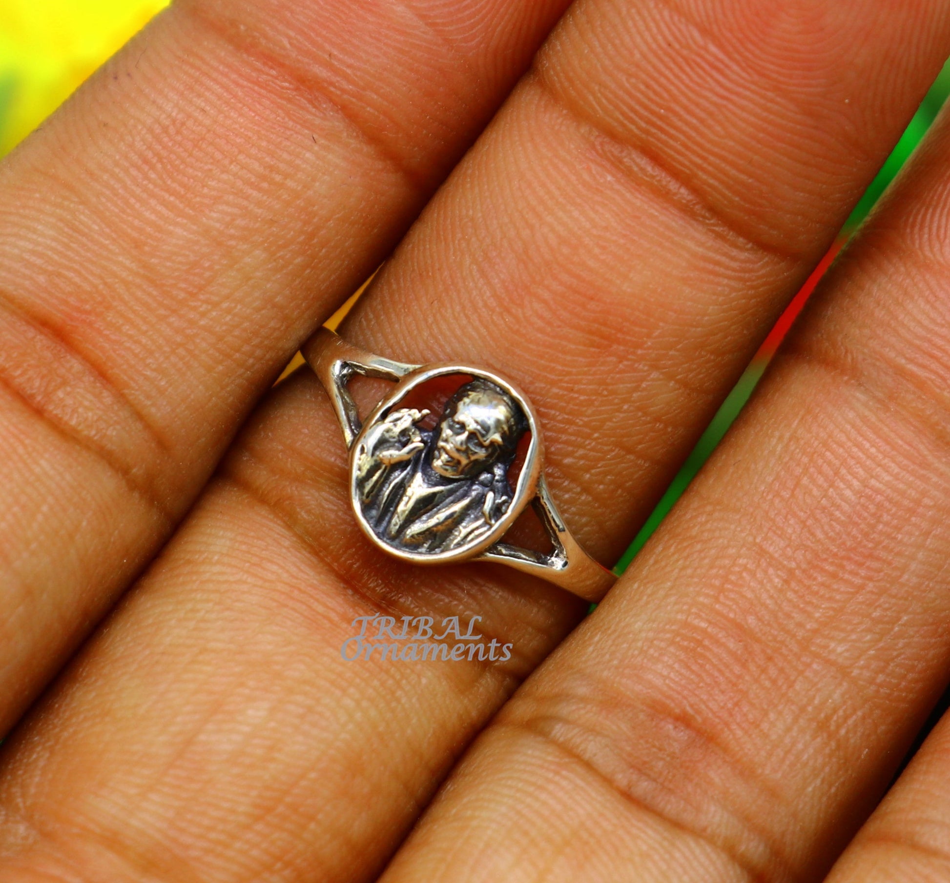 Sterling silver Sai Baba ring band with vintage antique style, custom design, perfect for weddings and bridal jewelry.