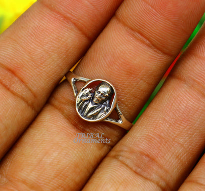 Sterling silver Sai Baba ring band with vintage antique style, custom design, perfect for weddings and bridal jewelry.