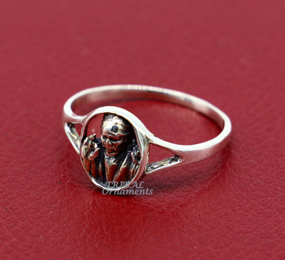 Sterling silver Sai Baba ring band with vintage antique design, custom engraved, ideal for brides and wedding jewelry.