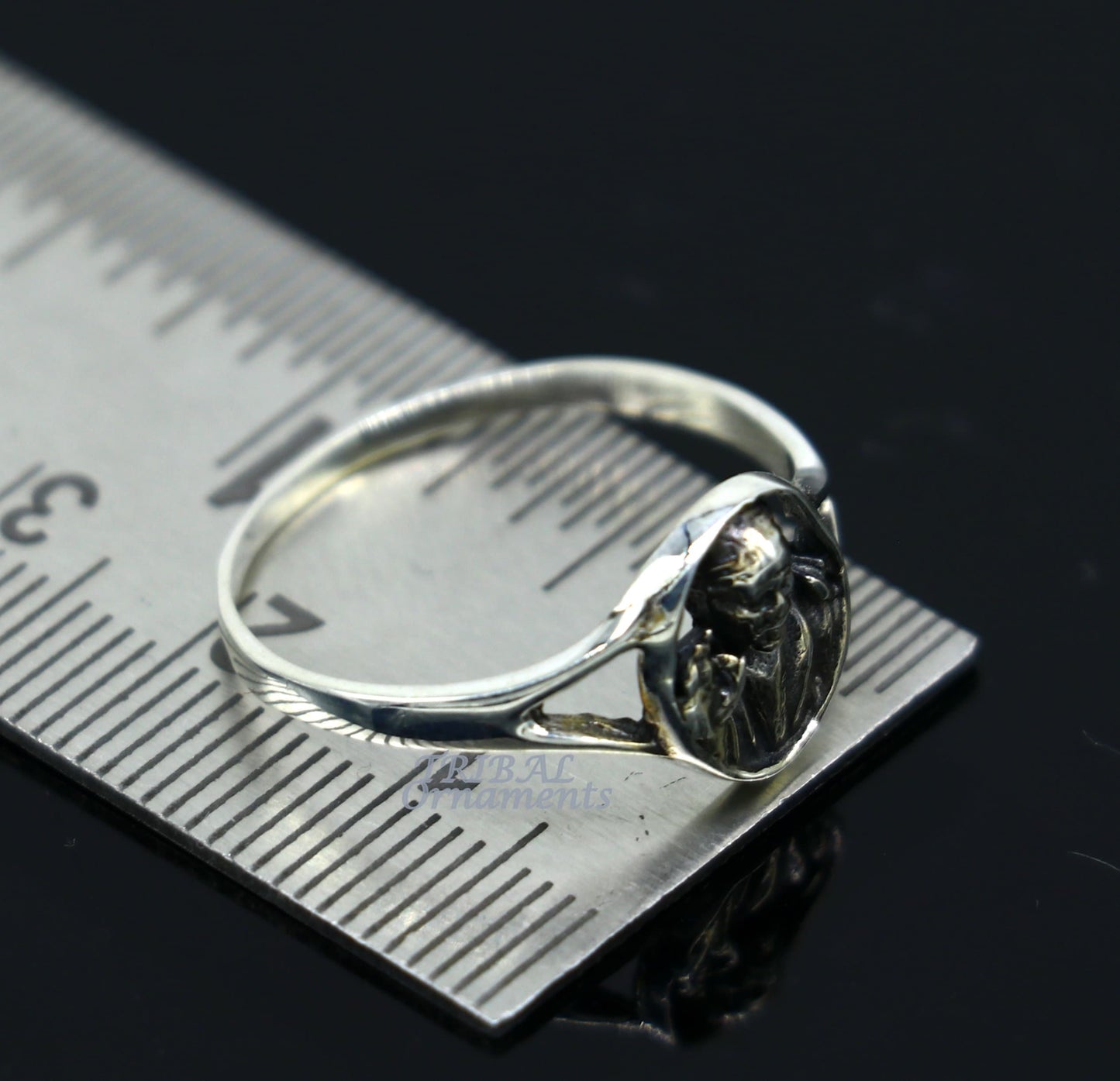 Sterling silver vintage Sai Baba ring band with intricate antique design, perfect for brides and wedding jewelry, by Tribal Ornaments.