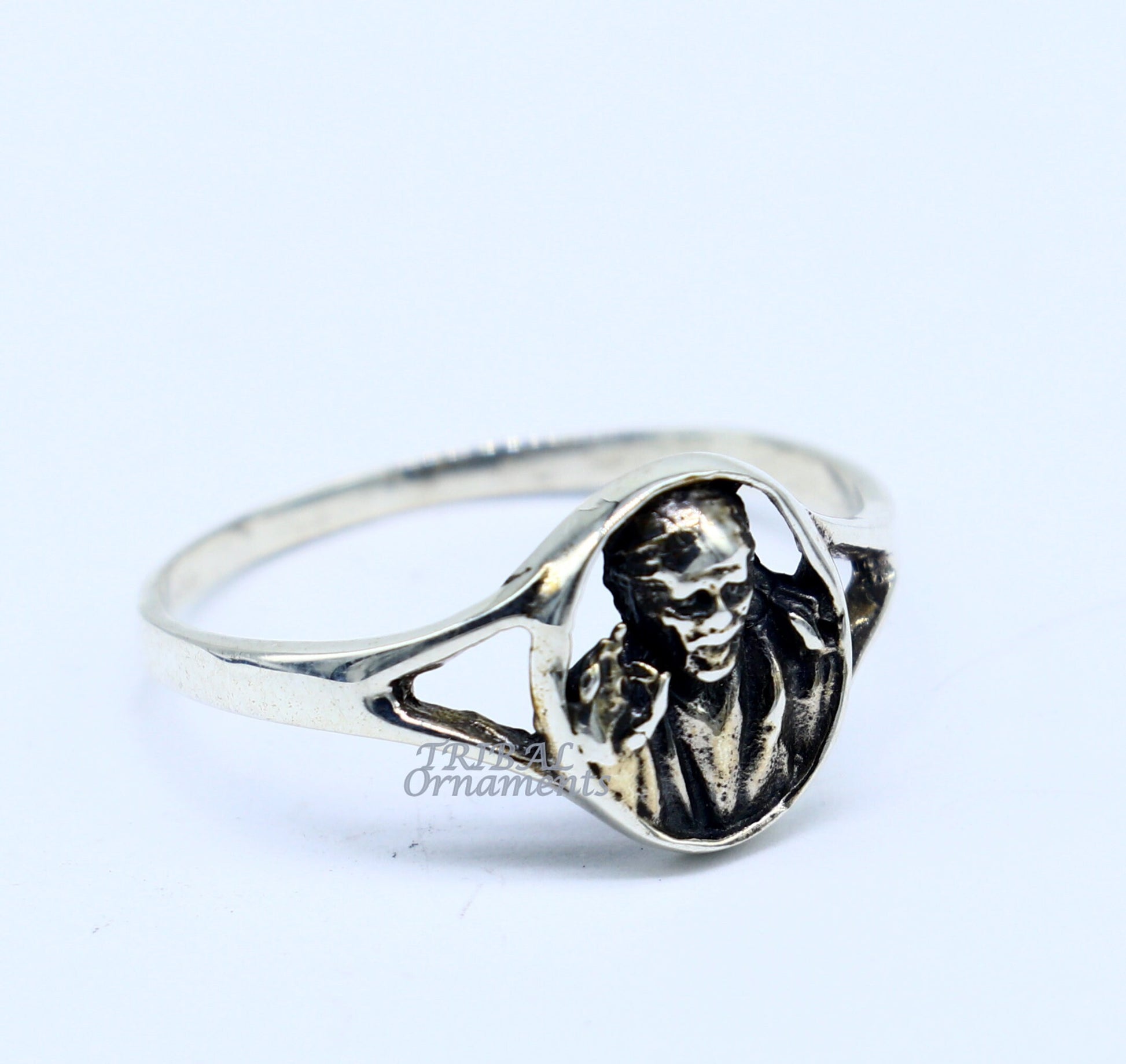 Sterling silver Sai Baba ring band with vintage antique style, customized design, ideal for brides and wedding jewelry.