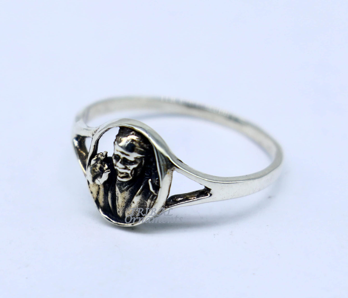 Sterling silver Sai Baba ring band with vintage antique style, detailed design, perfect for wedding jewelry or gifting.