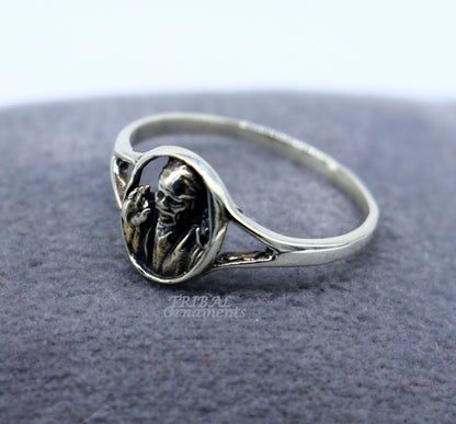 Sterling silver Sai Baba ring band with vintage antique style, customized design, ideal for brides and wedding jewelry in India.