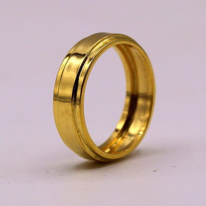 22KT yellow gold handmade wedding band ring by TRIBAL ORNAMENTS, unisex design, showcasing intricate craftsmanship and all sizes available.