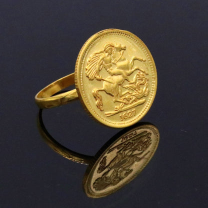 22KT yellow gold handmade coin ring with detailed horse design, Victorian style unisex jewelry from Rajasthan, India.