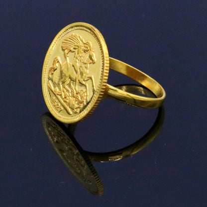 22KT yellow gold handmade coin ring with horse design, Victorian style unisex jewelry from Rajasthan, India.