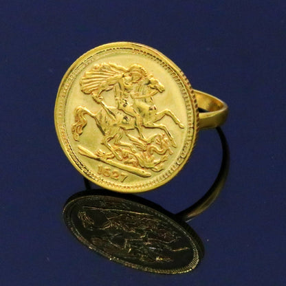 22KT yellow gold handmade coin ring with horse design, Victorian style, unisex jewelry from Rajasthan, India.