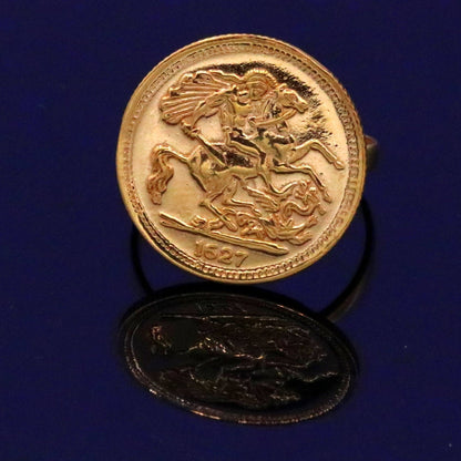 22KT yellow gold handmade coin ring with horse design, Victorian style unisex jewelry from Rajasthan, India by TRIBAL ORNAMENTS