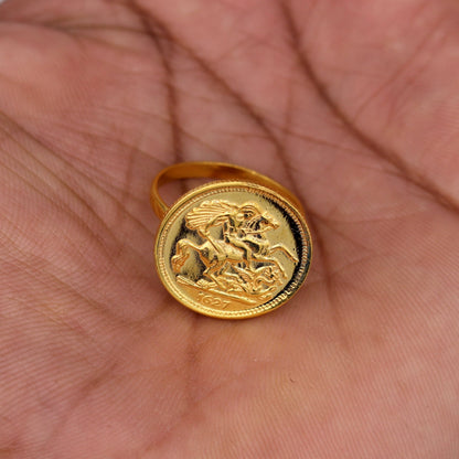 22KT yellow gold handmade coin ring with horse design, Victorian style unisex jewelry from Rajasthan, India.