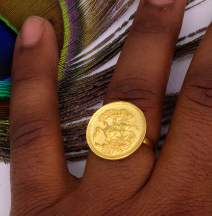 22KT yellow gold handmade coin ring with horse design, Victorian style unisex jewelry from Rajasthan, India by TRIBAL ORNAMENTS.